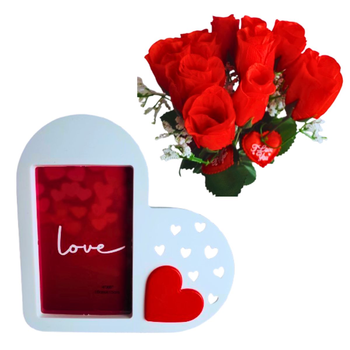 Kit Porta Retrato Coração Branco Amor Love + Buquê com 12 Botões de Rosas Artificial C/ Tag Kit Porta Retrato Coração Branco Amor Love + Buquê com 12 Botões de Rosas Artificial C/ Tag